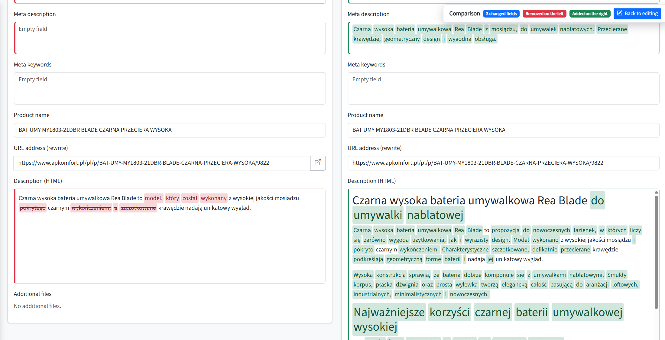Side-by-side AP Komfort product revision showing removed content in red and proposed additions in green