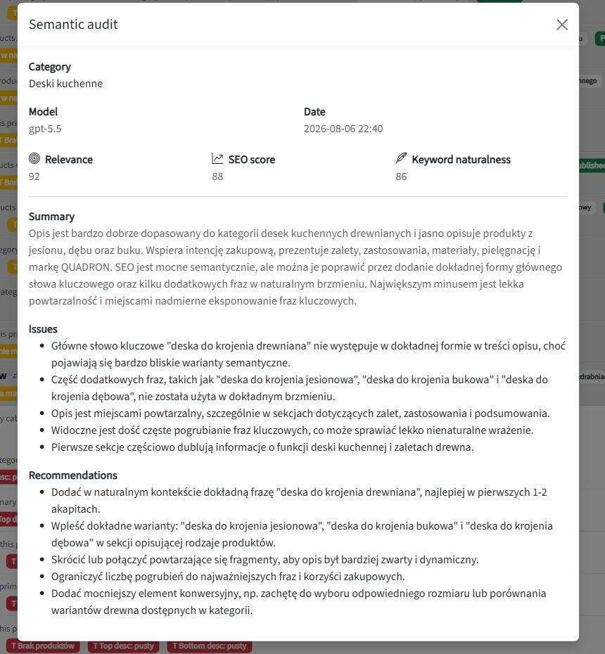 SEOAssistant's semantic category audit with scores, issues and recommendations