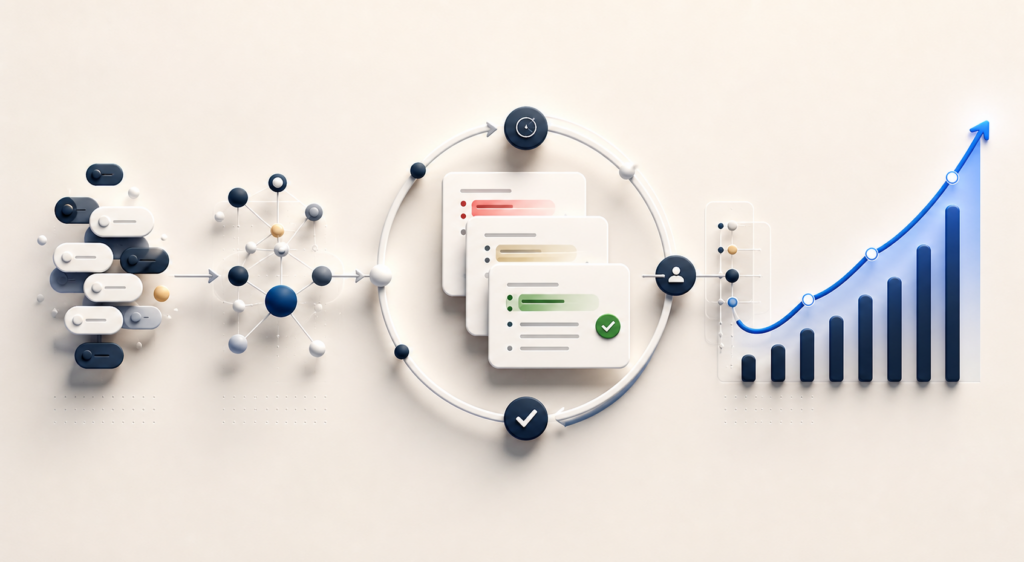 Illustration of a controlled SEO automation workflow from keyword selection and revisions to organic visibility growth