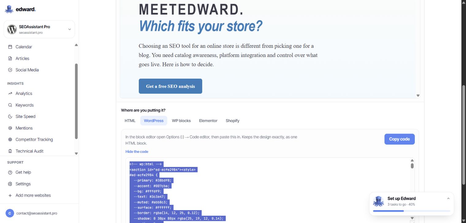 Edward's landing-page export showing WordPress paste instructions and HTML with its own CSS styling