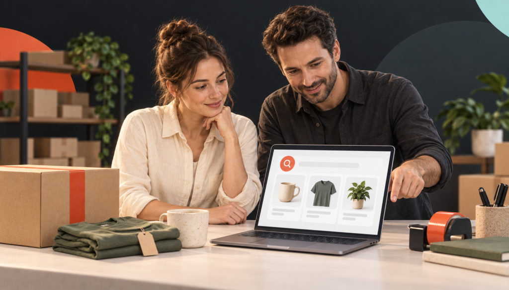 An online-store owner and an SEO advisor discussing product pages at a packing counter — illustration.