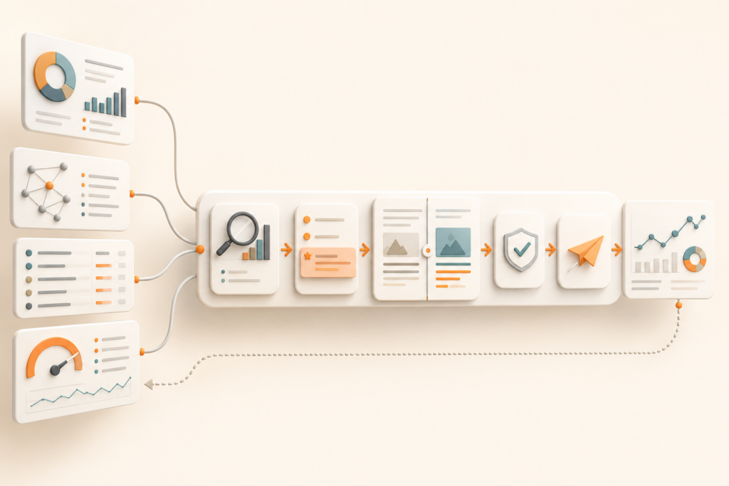 SEO data sources flowing into a revision, approval, publication and monitoring cycle