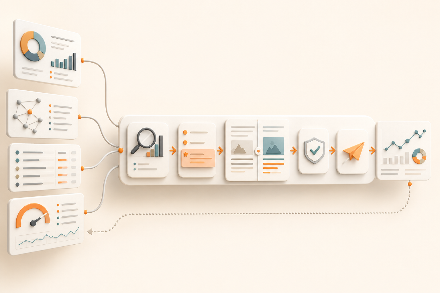 SEO data sources flowing into a revision, approval, publication and monitoring cycle
