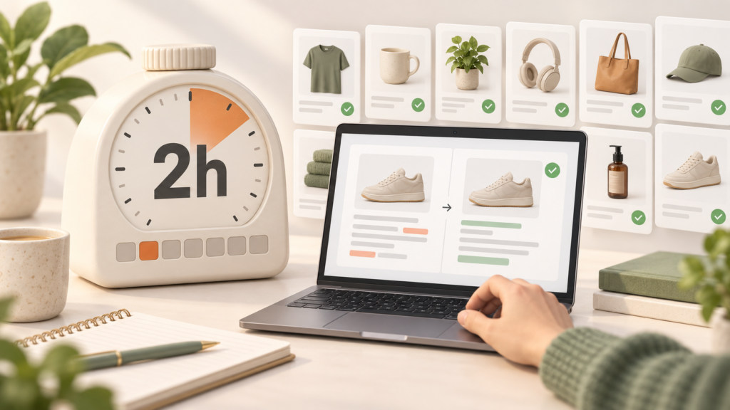 A two-hour timer beside a laptop reviewing ecommerce product descriptions, illustrating a weekly SEO review routine.